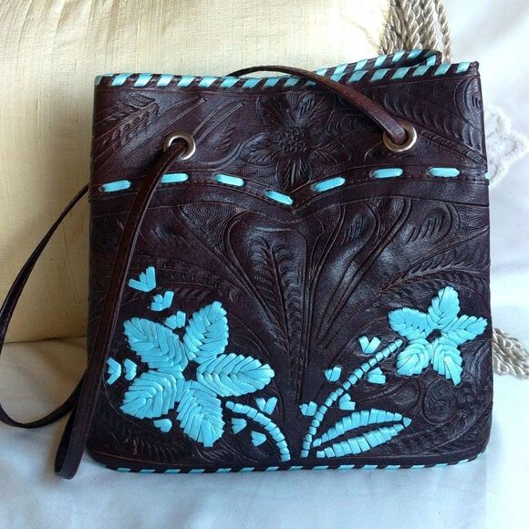 Vintage Hand-tooled Leather Bucket Bag- Love Turquoise? - Picture 1 of 16